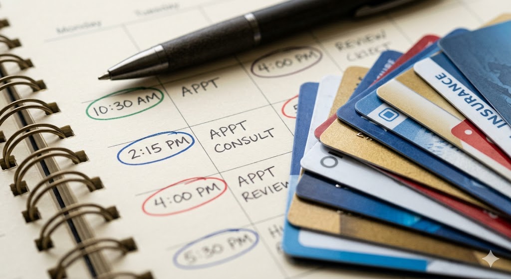 Calendar and payment cards representing accessible scheduling at a family dentist