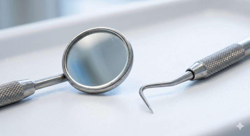Close-up of dental tools used during an emergency dentist exam in Edmonton