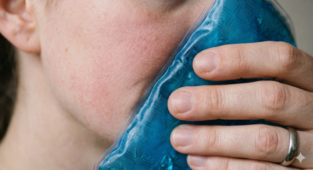 Cold compress applied to the cheek to ease dental emergency pain and swelling