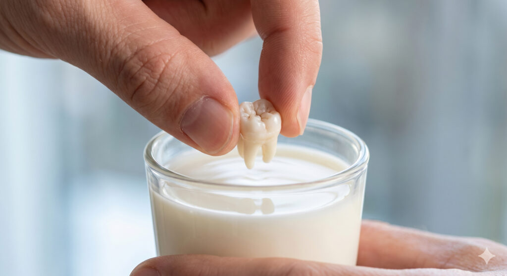 Hand holding a knocked-out tooth by the crown for emergency tooth replantation