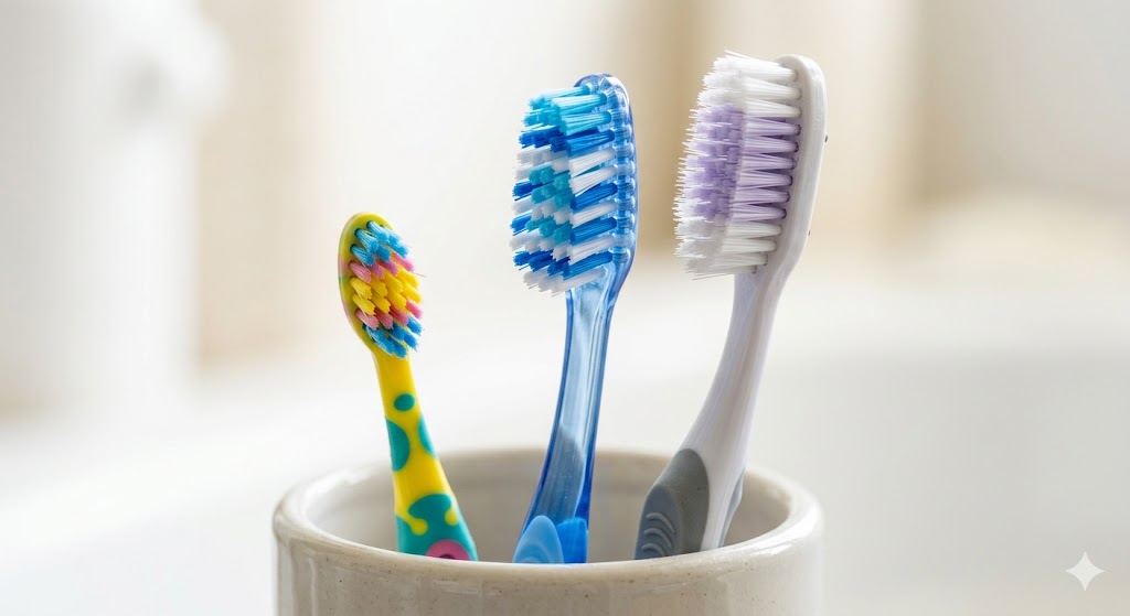 Toothbrushes for children, adults, and seniors representing family dental care